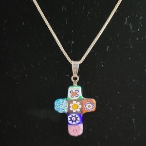 Vintage Antica Murrina Venezia Floral Millefiori Cross Pendant Necklace